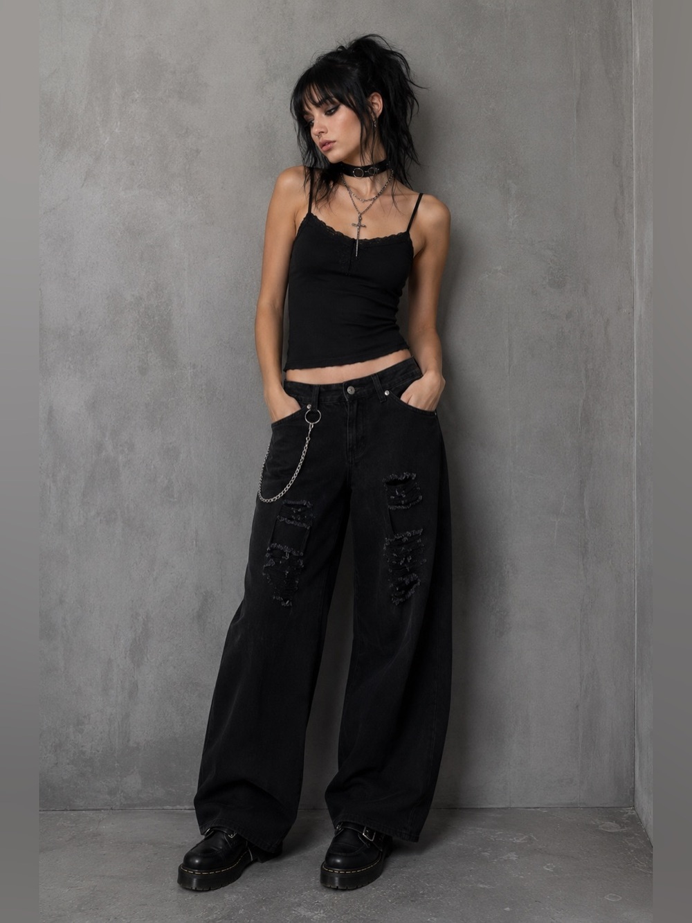 Y2K Hot Topic Black Destructed Side Chain Wide Leg Denim Jeans Size 9